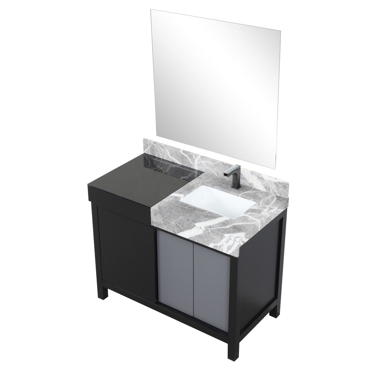 Zilara 42" Black and Grey Vanity, Castle Grey Marble Top, White Square Sink, Balzani Gun Metal Faucet Set, and 34" Frameless Mirror