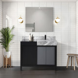 Zilara 36" Black and Grey Vanity, Castle Grey Marble Top, White Square Sink, Cascata Nera Matte Black Faucet Set, and 30" Frameless Mirror
