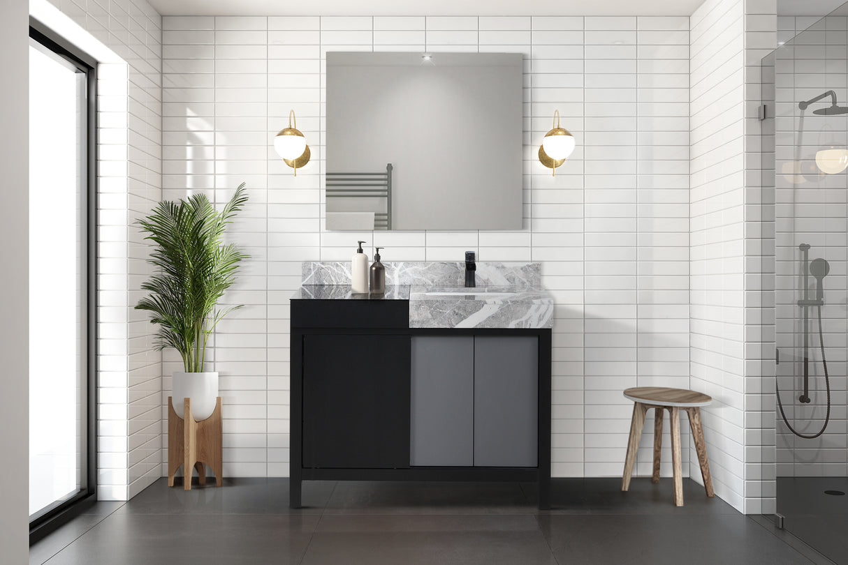 Zilara 42" Black and Grey Vanity, Castle Grey Marble Top, White Square Sink, Cascata Nera Matte Black Faucet Set, and 34" Frameless Mirror
