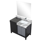 Zilara 42" Black and Grey Vanity, Castle Grey Marble Top, White Square Sink, Monte Chrome Faucet Set, and 34" Frameless Mirror