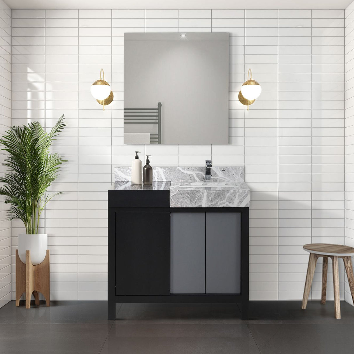 Zilara 36" Black and Grey Vanity, Castle Grey Marble Top, White Square Sink, Monte Chrome Faucet Set, and 30" Frameless Mirror