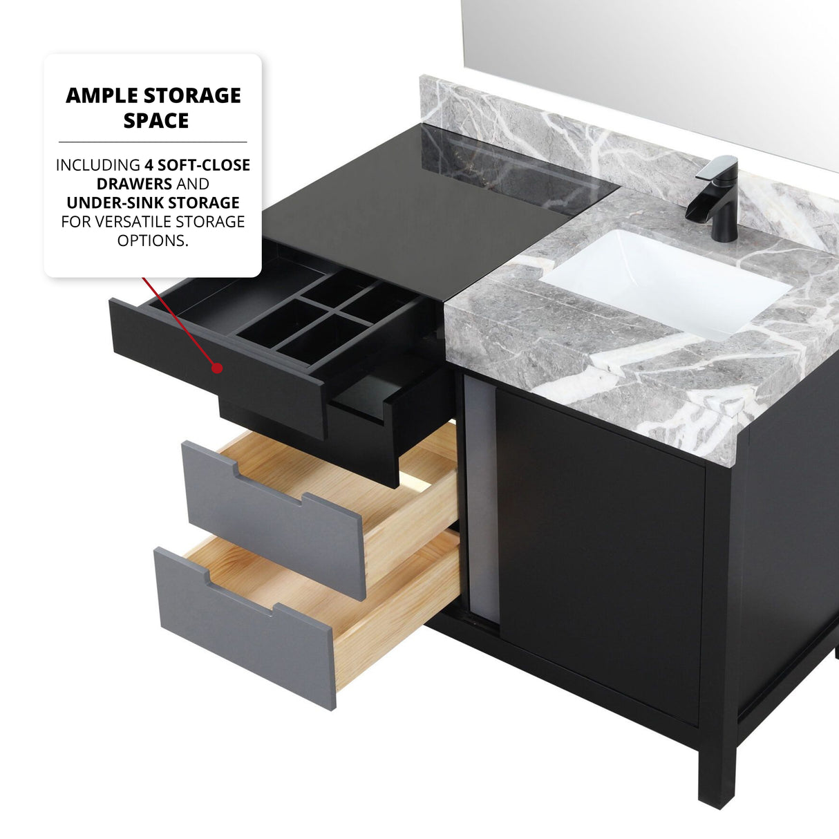 Zilara 42" Black and Grey Vanity, Castle Grey Marble Top, White Square Sink, Monte Chrome Faucet Set, and 34" Frameless Mirror