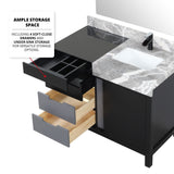 Zilara 42" Black and Grey Vanity, Castle Grey Marble Top, White Square Sink, Monte Chrome Faucet Set, and 34" Frameless Mirror
