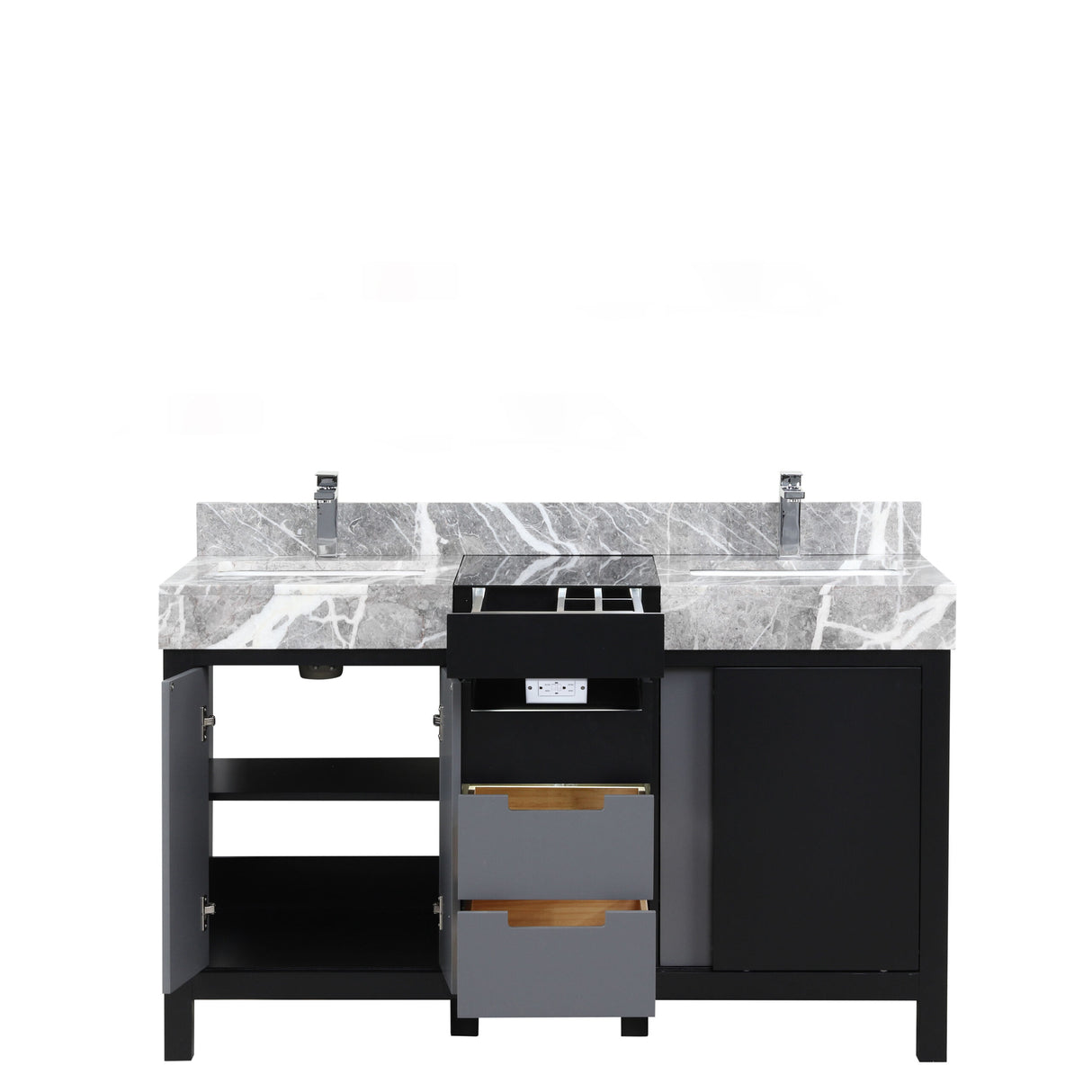 Zilara 55 in. Black and Grey  Freestanding Bathroom Vanity With Castle Grey Marble Tops, White Square Sinks, and Monte Chrome Faucet Set