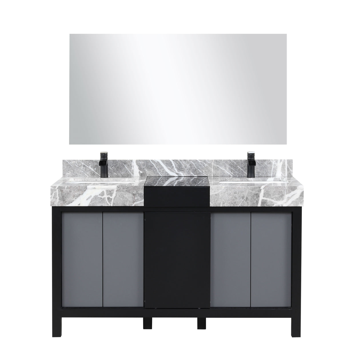 Zilara 55" Black and Grey Double Vanity, Castle Grey Marble Tops, White Square Sinks, Cascata Nera Matte Black Faucet Set, and 53" Frameless Mirror