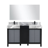 Zilara 55" Black and Grey Double Vanity, Castle Grey Marble Tops, White Square Sinks, Cascata Nera Matte Black Faucet Set, and 53" Frameless Mirror