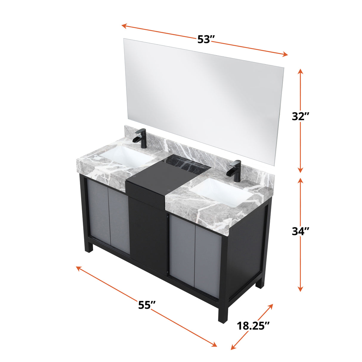 Zilara 55" Black and Grey Double Vanity, Castle Grey Marble Tops, White Square Sinks, Cascata Nera Matte Black Faucet Set, and 53" Frameless Mirror