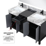 Zilara 55" Black and Grey Double Vanity, Castle Grey Marble Tops, White Square Sinks, Cascata Nera Matte Black Faucet Set, and 53" Frameless Mirror