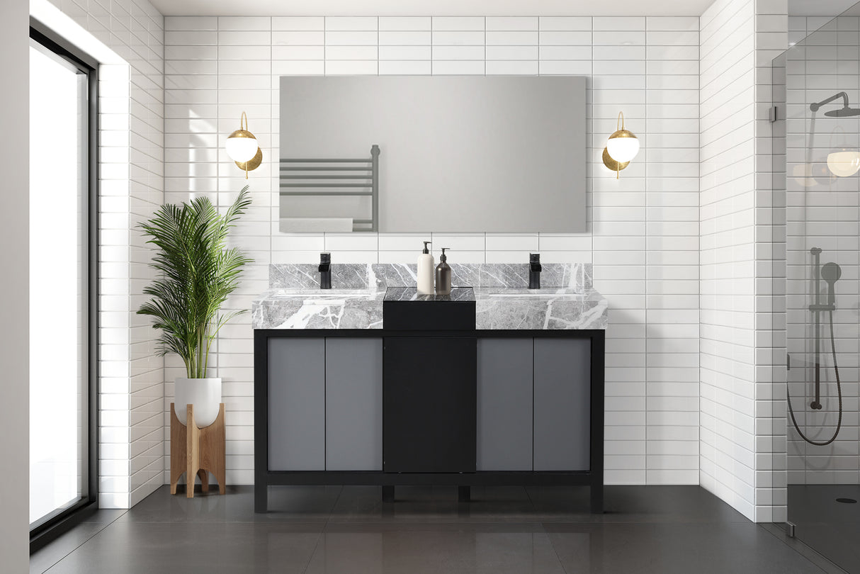 Zilara 55" Black and Grey Double Vanity, Castle Grey Marble Tops, White Square Sinks, and 53" Frameless Mirror