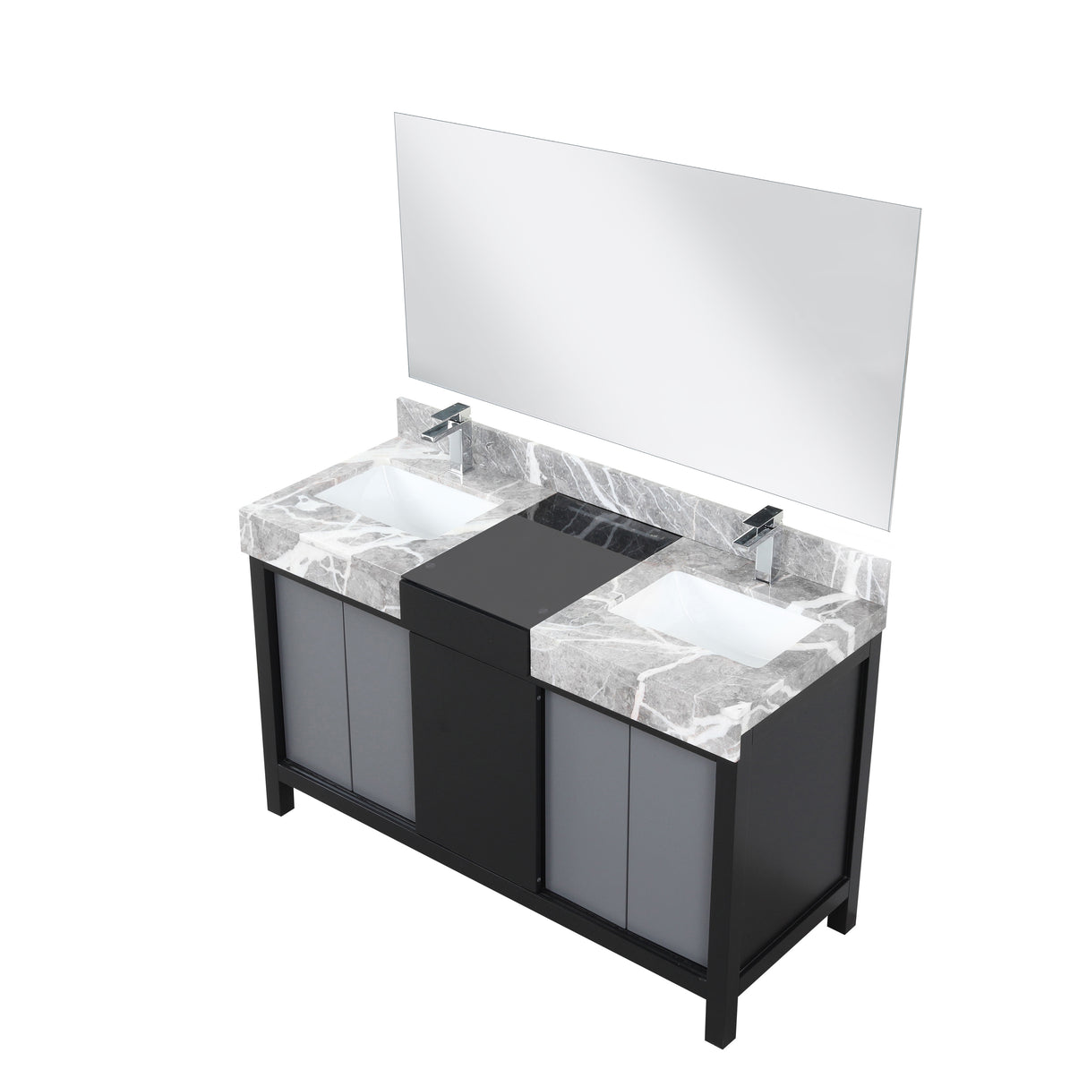 Zilara 55" Black and Grey Double Vanity, Castle Grey Marble Tops, White Square Sinks, Monte Chrome Faucet Set, and 53" Frameless Mirror