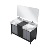 Zilara 55" Black and Grey Double Vanity, Castle Grey Marble Tops, White Square Sinks, Monte Chrome Faucet Set, and 53" Frameless Mirror