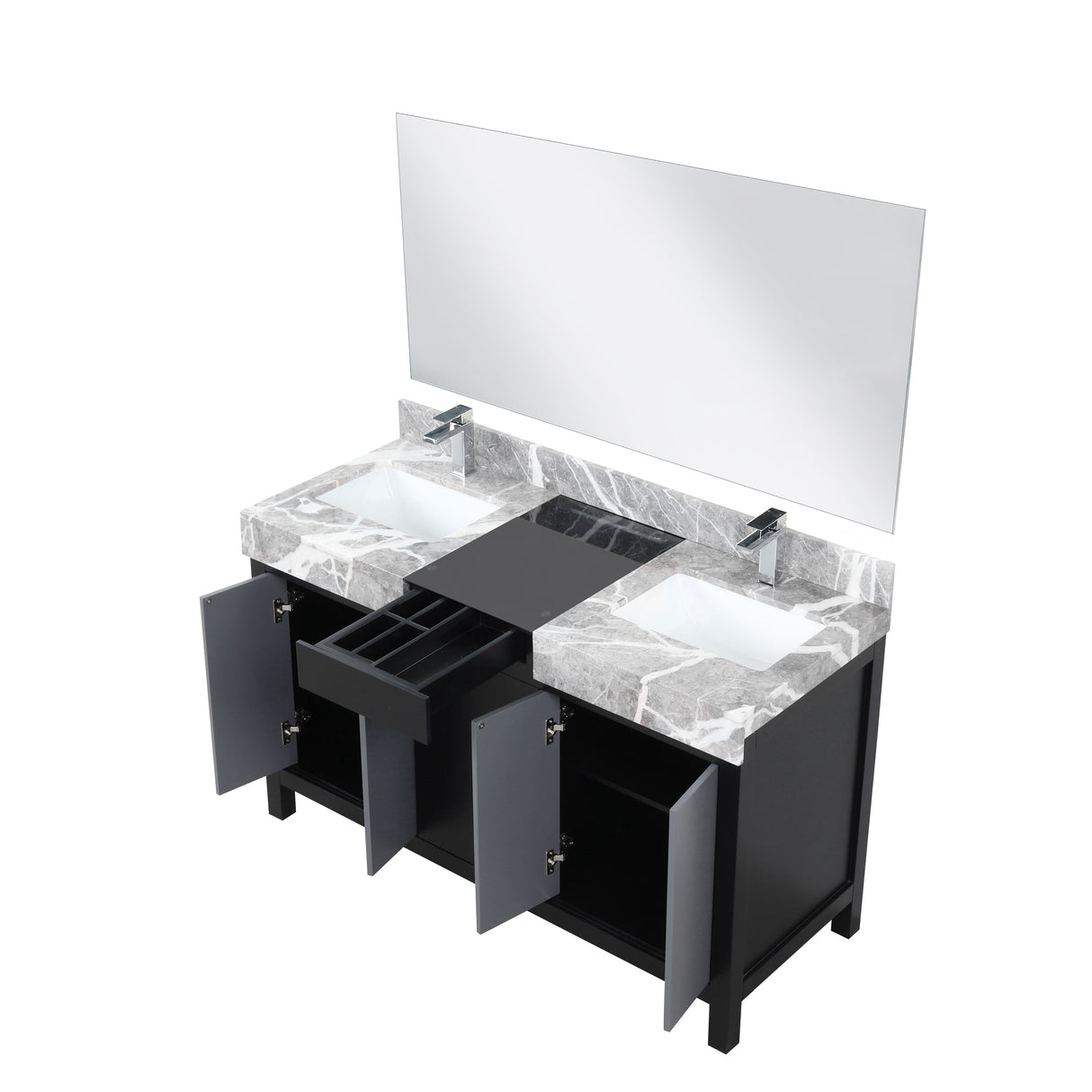 Zilara 55" Black and Grey Double Vanity, Castle Grey Marble Tops, White Square Sinks, Monte Chrome Faucet Set, and 53" Frameless Mirror
