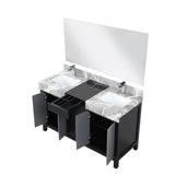 Zilara 55" Black and Grey Double Vanity, Castle Grey Marble Tops, White Square Sinks, Monte Chrome Faucet Set, and 53" Frameless Mirror