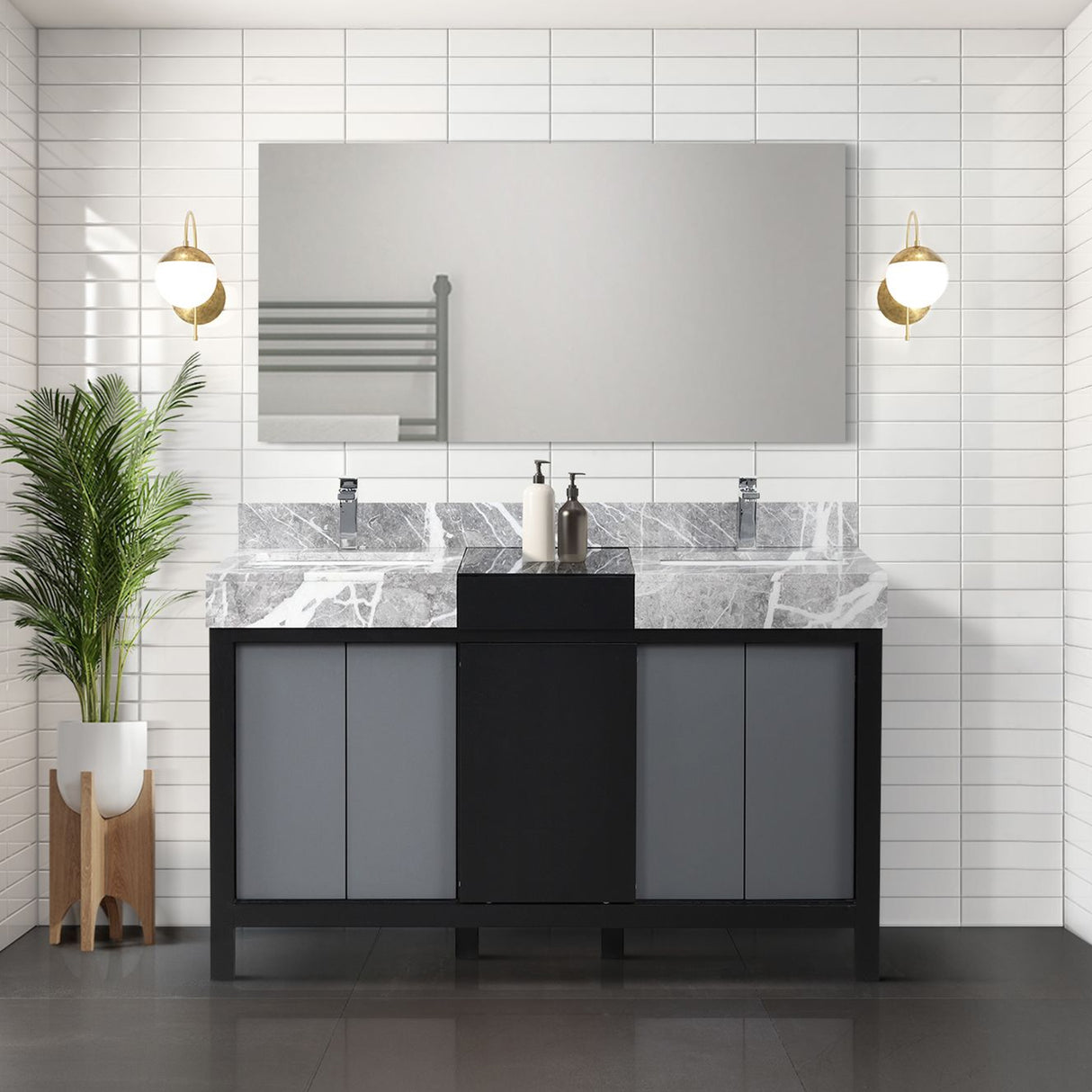 Zilara 55 in. Black and Grey  Freestanding Bathroom Vanity With Castle Grey Marble Tops, White Square Sinks, and Monte Chrome Faucet Set