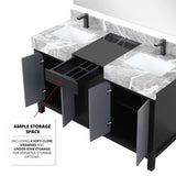 Zilara 55 in. Black and Grey  Freestanding Bathroom Vanity With Castle Grey Marble Tops, White Square Sinks, and Monte Chrome Faucet Set