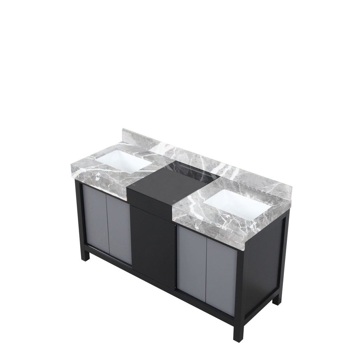 Zilara 60 in. Black and Grey  Freestanding Bathroom Vanity With Castle Grey Marble Tops, and White Square Sinks