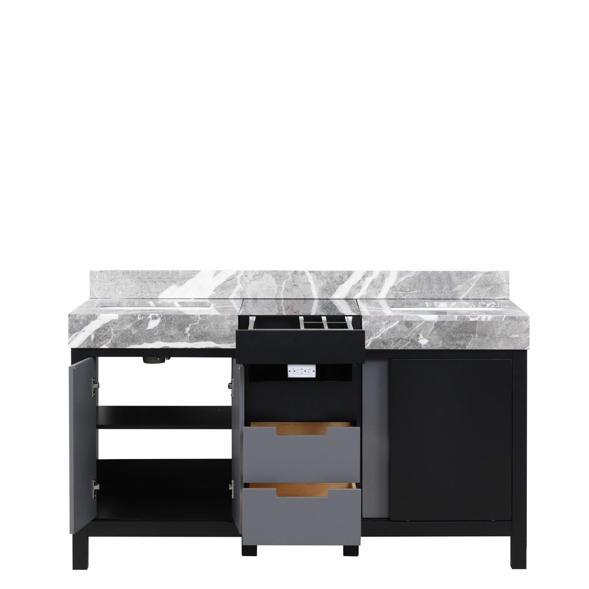 Zilara 60 in. Black and Grey  Freestanding Bathroom Vanity With Castle Grey Marble Tops, and White Square Sinks