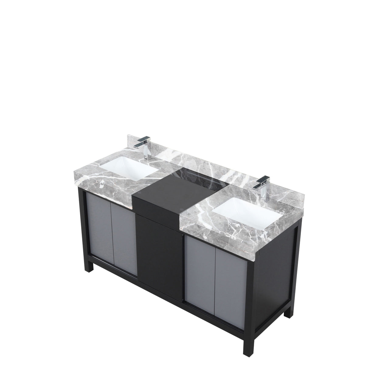 Zilara 60 in. Black and Grey  Freestanding Bathroom Vanity With Castle Grey Marble Tops, White Square Sinks, and Monte Chrome Faucet Set