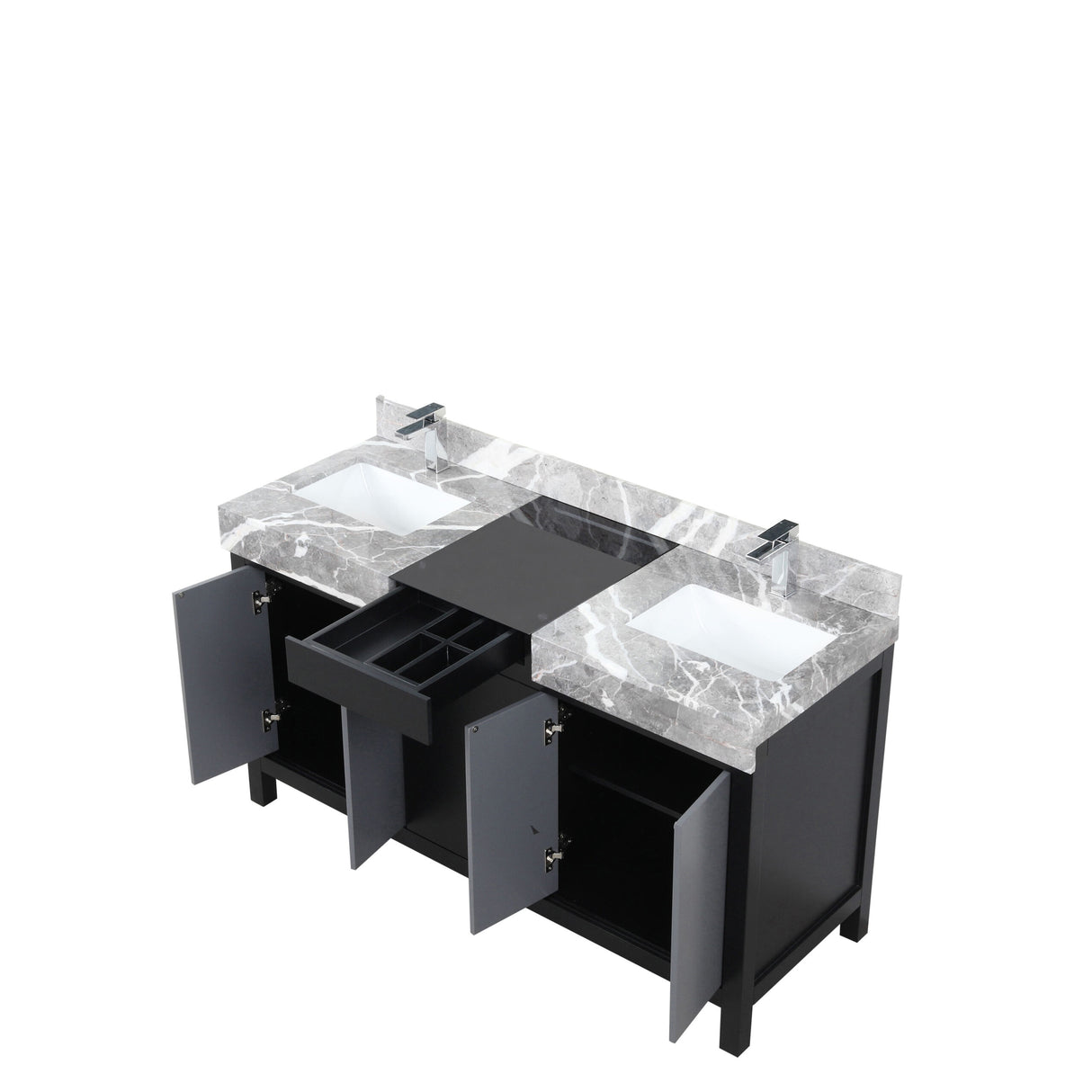 Zilara 60 in. Black and Grey  Freestanding Bathroom Vanity With Castle Grey Marble Tops, White Square Sinks, and Monte Chrome Faucet Set
