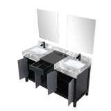 Zilara 60" Black and Grey Double Vanity, Castle Grey Marble Tops, White Square Sinks, Cascata Nera Matte Black Faucet Set, and 28" Frameless Mirrors