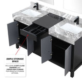 Zilara 60" Black and Grey Double Vanity, Castle Grey Marble Tops, White Square Sinks, Cascata Nera Matte Black Faucet Set, and 28" Frameless Mirrors