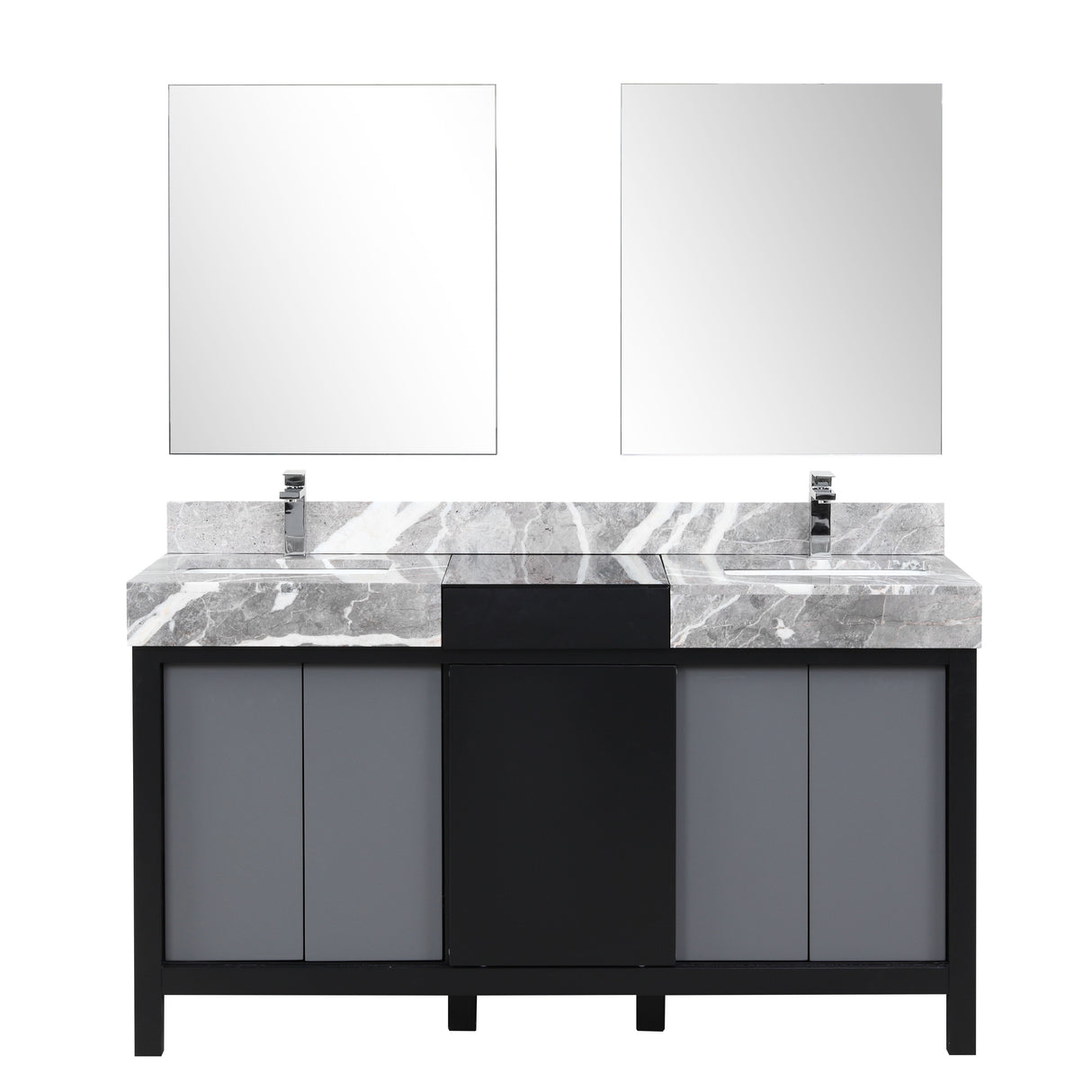 Zilara 60" Black and Grey Double Vanity, Castle Grey Marble Tops, White Square Sinks, Monte Chrome Faucet Set, and 28" Frameless Mirrors