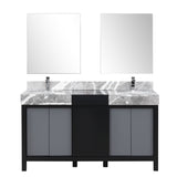 Zilara 60" Black and Grey Double Vanity, Castle Grey Marble Tops, White Square Sinks, Monte Chrome Faucet Set, and 28" Frameless Mirrors