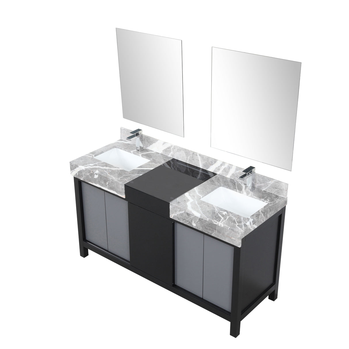 Zilara 60" Black and Grey Double Vanity, Castle Grey Marble Tops, White Square Sinks, Monte Chrome Faucet Set, and 28" Frameless Mirrors