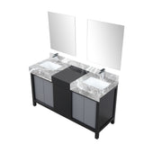Zilara 60" Black and Grey Double Vanity, Castle Grey Marble Tops, White Square Sinks, Monte Chrome Faucet Set, and 28" Frameless Mirrors