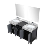 Zilara 60" Black and Grey Double Vanity, Castle Grey Marble Tops, White Square Sinks, Monte Chrome Faucet Set, and 28" Frameless Mirrors