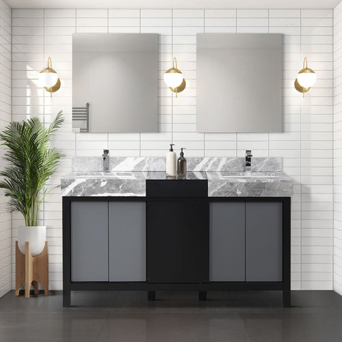 Zilara 60 in. Black and Grey  Freestanding Bathroom Vanity With Castle Grey Marble Tops, White Square Sinks, and Monte Chrome Faucet Set