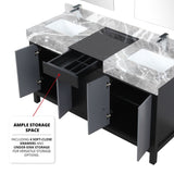 Zilara 60" Black and Grey Double Vanity, Castle Grey Marble Tops, White Square Sinks, Monte Chrome Faucet Set, and 28" Frameless Mirrors
