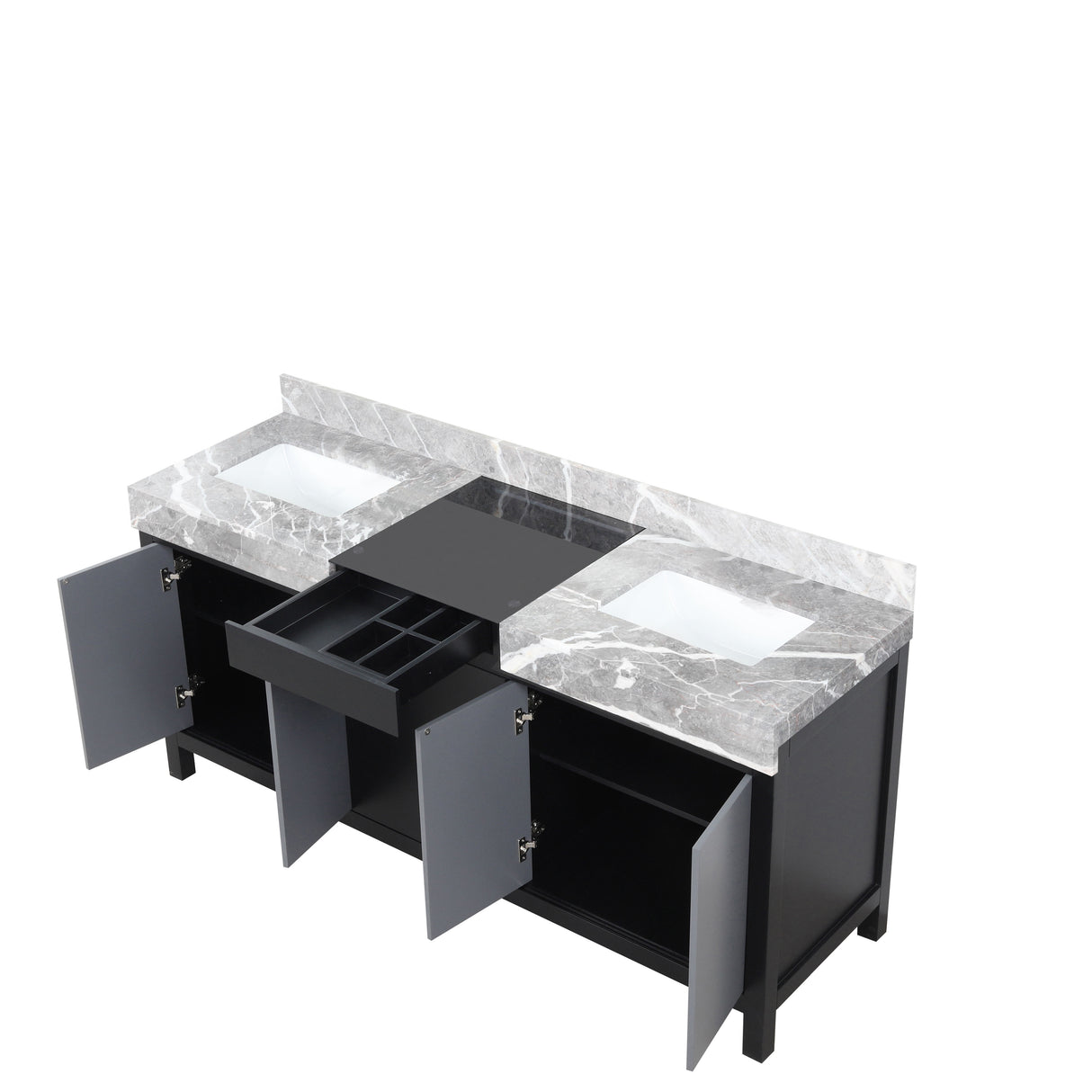 Zilara 72 in. Black and Grey  Freestanding Bathroom Vanity With Castle Grey Marble Tops, and White Square Sinks