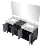 Zilara 72" Black and Grey Double Vanity, Castle Grey Marble Tops, White Square Sinks, and 28" Frameless Mirrors
