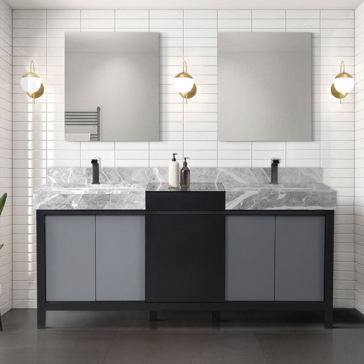 Zilara 72" Black and Grey Double Vanity, Castle Grey Marble Tops, White Square Sinks, Balzani Gun Metal Faucet Set, and 28" Frameless Mirrors