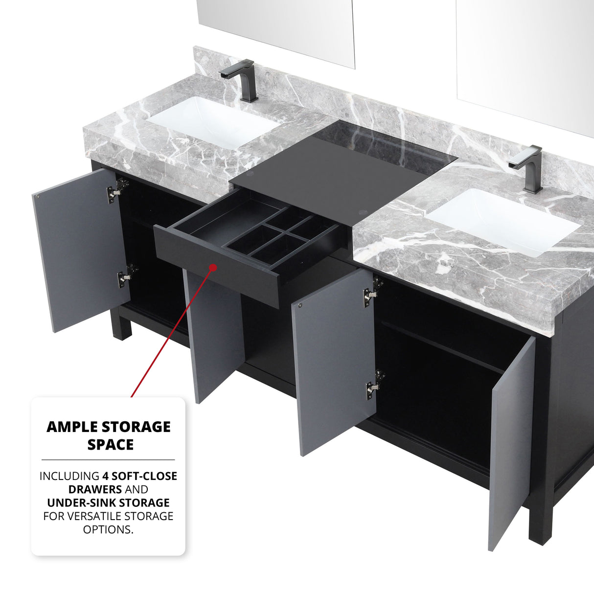 Zilara 72" Black and Grey Double Vanity, Castle Grey Marble Tops, White Square Sinks, Balzani Gun Metal Faucet Set, and 28" Frameless Mirrors
