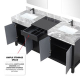 Zilara 72" Black and Grey Double Vanity, Castle Grey Marble Tops, White Square Sinks, Balzani Gun Metal Faucet Set, and 28" Frameless Mirrors