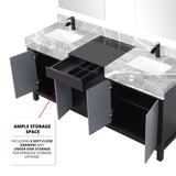 Zilara 72" Black and Grey Double Vanity, Castle Grey Marble Tops, White Square Sinks, Cascata Nera Matte Black Faucet Set, and 28" Frameless Mirrors