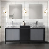 Zilara 72" Black and Grey Double Vanity, Castle Grey Marble Tops, White Square Sinks, Monte Chrome Faucet Set, and 28" Frameless Mirrors