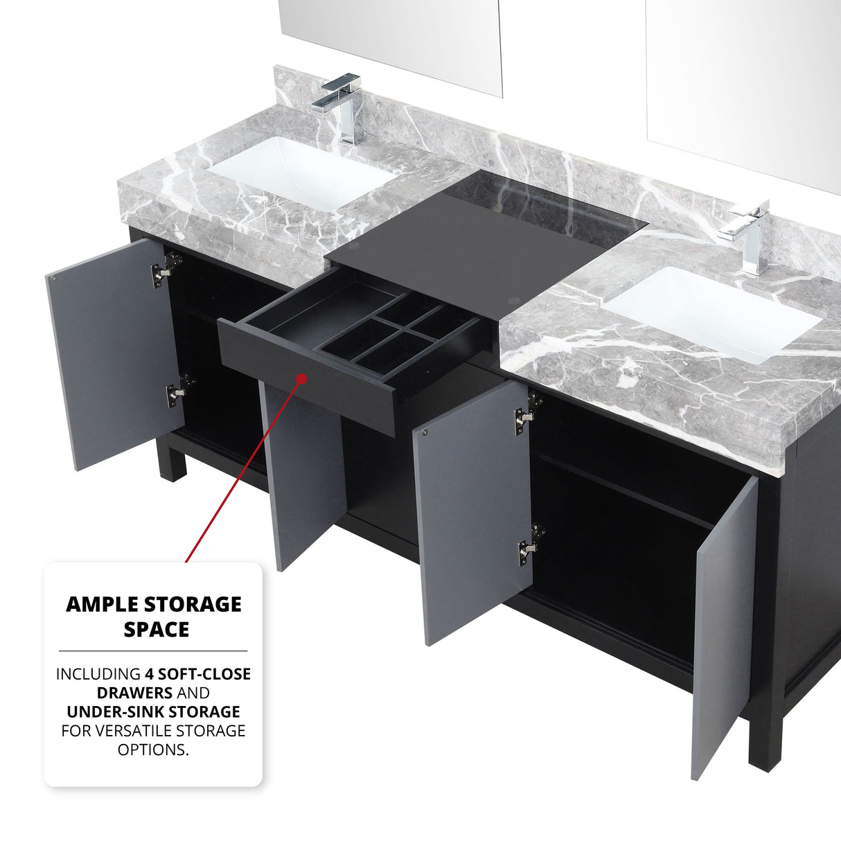 Zilara 72" Black and Grey Double Vanity, Castle Grey Marble Tops, White Square Sinks, Monte Chrome Faucet Set, and 28" Frameless Mirrors