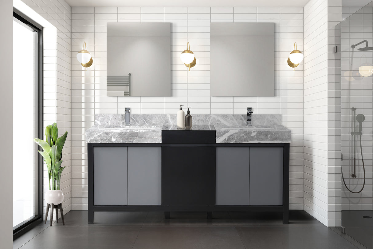 Zilara 72" Black and Grey Double Vanity, Castle Grey Marble Tops, White Square Sinks, Monte Chrome Faucet Set, and 28" Frameless Mirrors