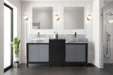 Zilara 72" Black and Grey Double Vanity, Castle Grey Marble Tops, White Square Sinks, Monte Chrome Faucet Set, and 28" Frameless Mirrors