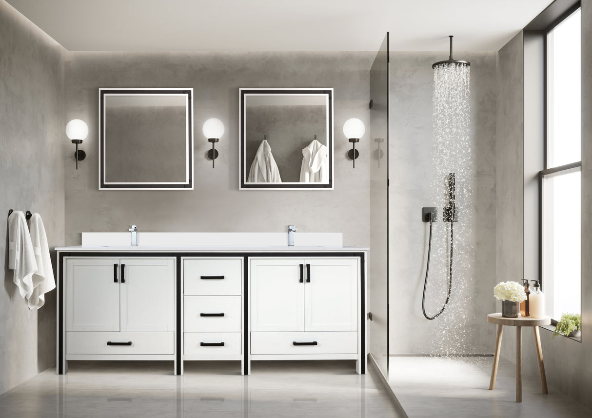Ziva Freestanding 84 in. Freestanding Bathroom Vanity With Double Integrated Ceramic Sink, White Cultured Marble Top