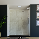 60" x 76" Frameless Shower Door with Chrome - Solid Surface Shower Base Tray - Shower Kit with covered drain - and 5pc Shower Wall System