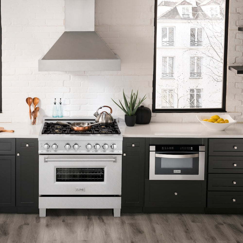 ZLINE 36 in. 4.6 cu. ft. Legacy Dual Fuel Range with Gas Cooktop and Electric Convection Oven in Satin Stainless Steel with 6 Brass Burners (RAS-SN-BR-36)