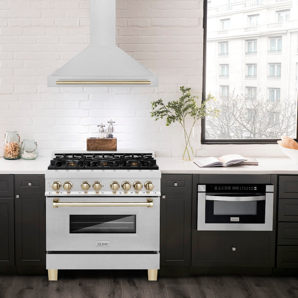 ZLINE 36 in. Autograph Edition Convertible Fingerprint Resistant DuraSnow® Stainless Steel Range Hood with Polished Gold Handle (KB4SNZ-36-G)