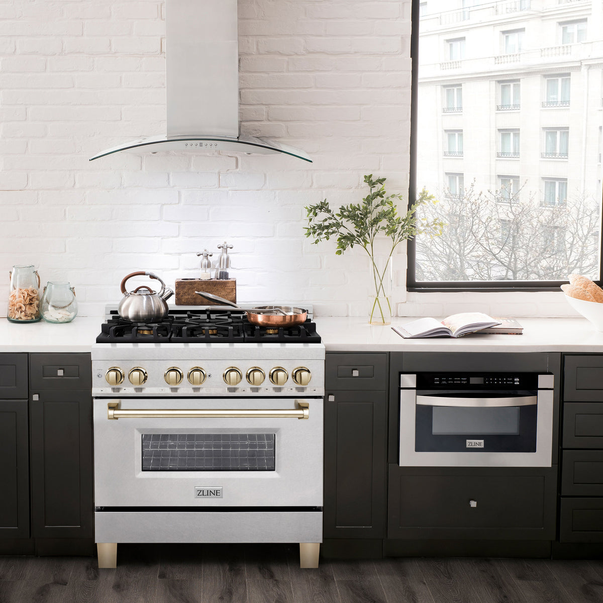 ZLINE Autograph Edition 36 in. 4.6 cu. ft. Legacy Dual Fuel Range with 6 Burner Gas Cooktop and Electric Convection Oven in Satin Stainless Steel and Polished Gold Accents (RASZ-SN-36-G)