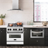 ZLINE Autograph Edition 30 in. 4.0 cu. ft. Legacy Dual Fuel Range with 4 Burner Gas Cooktop and Electric Convection Oven in Satin Stainless Steel with White Matte Door and Matte Black Accents (RASZ-WM-30-MB)