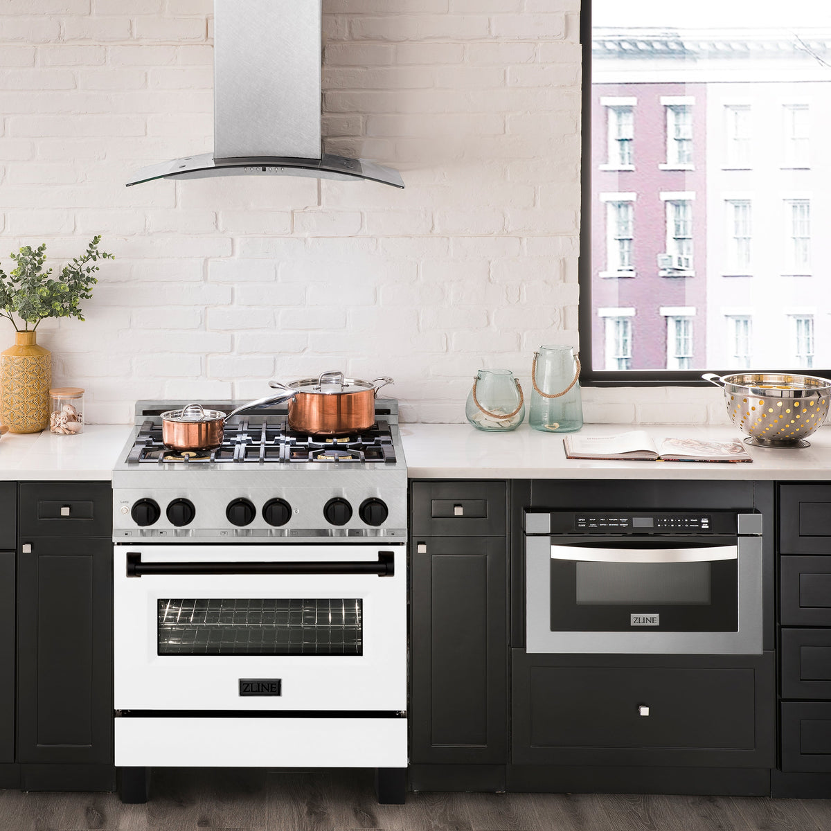 ZLINE Autograph Edition 30 in. 4.0 cu. ft. Legacy Dual Fuel Range with 4 Burner Gas Cooktop and Electric Convection Oven in Satin Stainless Steel with White Matte Door and Matte Black Accents (RASZ-WM-30-MB)