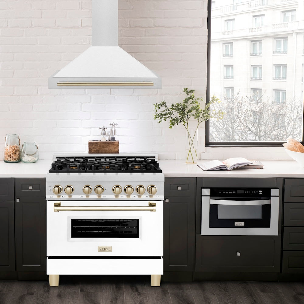 ZLINE 36 in. Autograph Edition Convertible Fingerprint Resistant DuraSnow® Stainless Steel Range Hood with White Matte Shell and Polished Gold Handle (KB4SNZ-WM36-G)